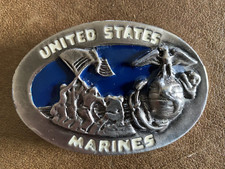 VTG 3D United States Marines Heavy Metal/Pewter Belt Buckle Blue Back Ground EX