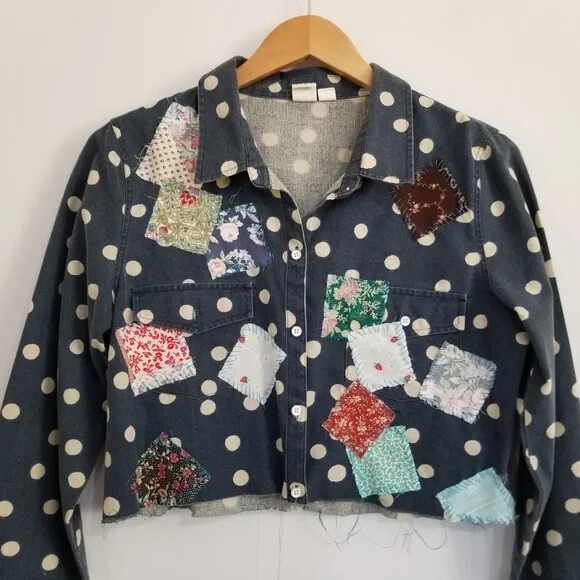 Roxy Repurposed Patchwork Navy Polka Dot Crop But… - image 3