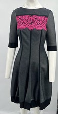 Talbot Runhof ALTRD Gray Knit Paneled Fit+Flare Dress w/ Pink Lace Overlay sz 8