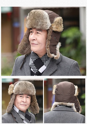 Men's Real Rabbit Fur Hat Russian Ushanka Hat Winter Aviator Trapper Warm Cap - Picture 20 of 26