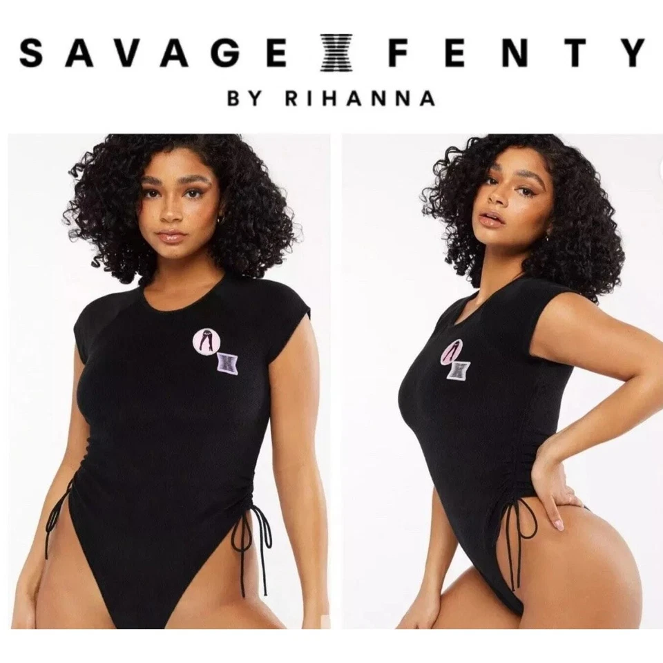 NUEVO CON ETIQUETAS SAVAGE x FENTY Mujer XL Negro Años 70 Lados Acanalados Terry Tanga Peluche Body Foto 2 de 4