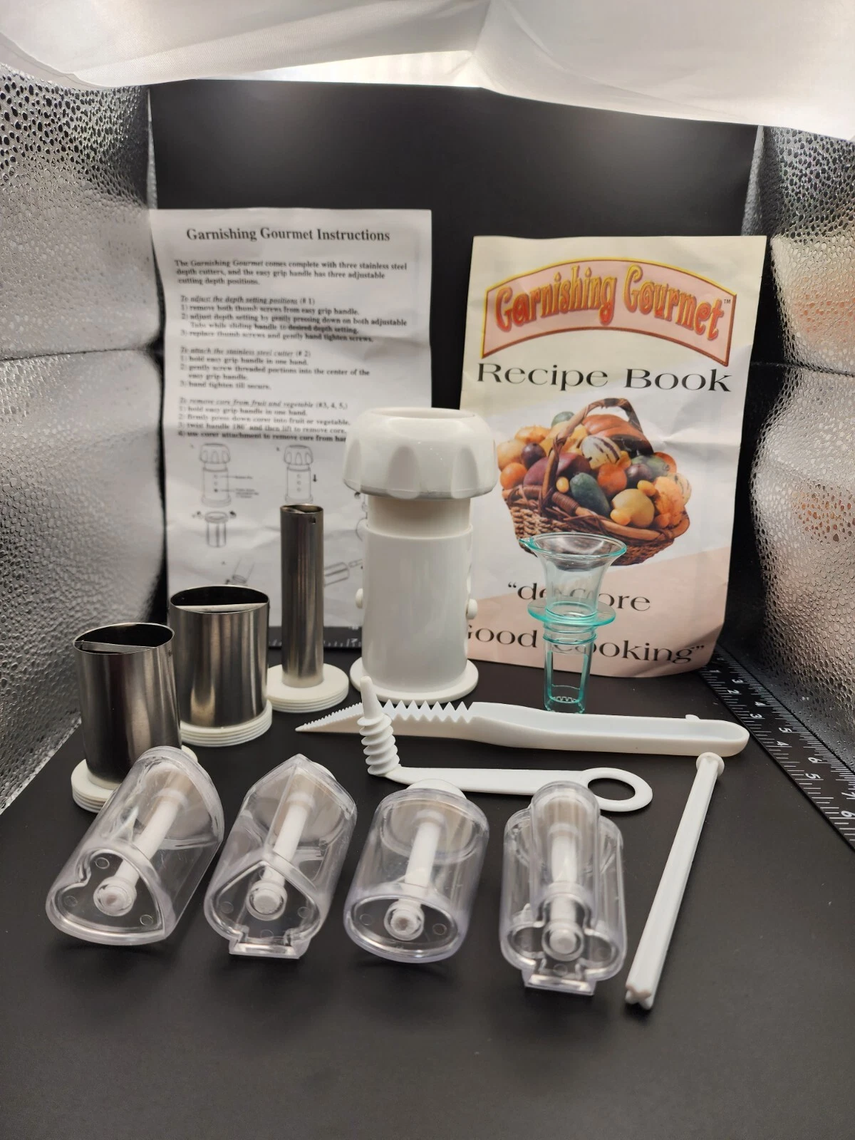 VTG Garnishing Gourmet Recipe 8 pg Book PLUS 12 Garnish Utensils Tools Kitch Set