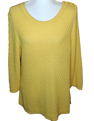 Talbots Sweater Womens L Yellow Button Shoulder Open Cable Knit Long Sleeve 