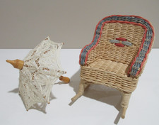 8" Vtg Wicker Doll Rocking Chair 3" Seat  7" Victorian Lace Umbrella Parasol