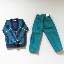 Vintage 1980s JG Hook Kids Outfit Set Plaid Cardigan Sweater Cotton Pants NOS