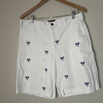 ENGLISH Men s All Over Embroidered Tennis Racket Shorts Size 33 White Cotton