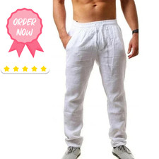 Men's Breathable Cotton Linen Drawstring Wide Leg Sports White Pants XL
