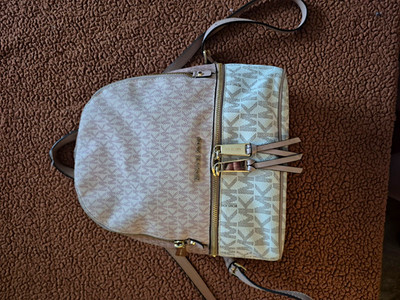 Michael Kors Monogram Small Backpack Beige Zip Gold Hardware