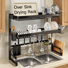 Estante escurridor de platos 3 niveles expandible de acero inoxidable sobre fregadero negro extra grande
