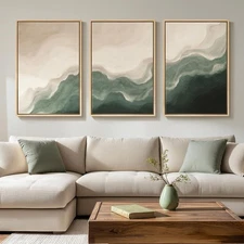 Large Framed Green and Beige Abstract Wall Art Set of 3, Modern Neutral Canvas P