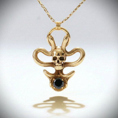 Memento Mori und Schlange Onyx 925 Silber Halskette