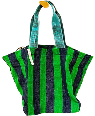 Puebco Tote Bag Rug Fabric India Green Navy Stripe Large Recycled Cotton