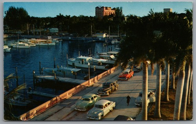 #ad Bradenton FL City Yacht Basin Marina Vintage Cars 1950s c1955 Postcard $7.99