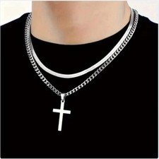 Men's Silver Cuban Link Chain Necklace Layered Cross Pendant Religious Charm