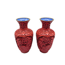 Pair Vtg 6" CARVED RED CINNABAR LACQUER BLUE ENAMEL VASE Pre 1945