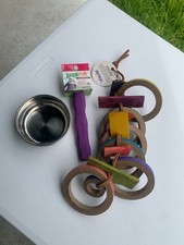 BIRD SUPPLIES - 3pc lot PARROT MACCAW, hanging cage toys, blocks, perch, bowl