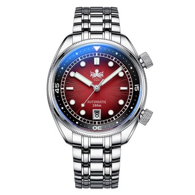 Phoibos EAGLE RAY 200M Steel Automatic Red Sunray Data Diver Men's Watch