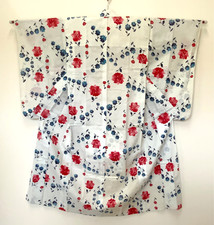 Vtg Japanese Cotton Kimono Yukata Navy Red Rose Pattern 54.7" Length As Is
