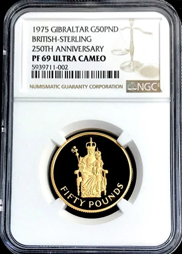 1975 GOLD GIBRALTAR 750 MINTED 50 POUNDS STERLING COIN NGC PROOF 69 ULTRA CAMEO