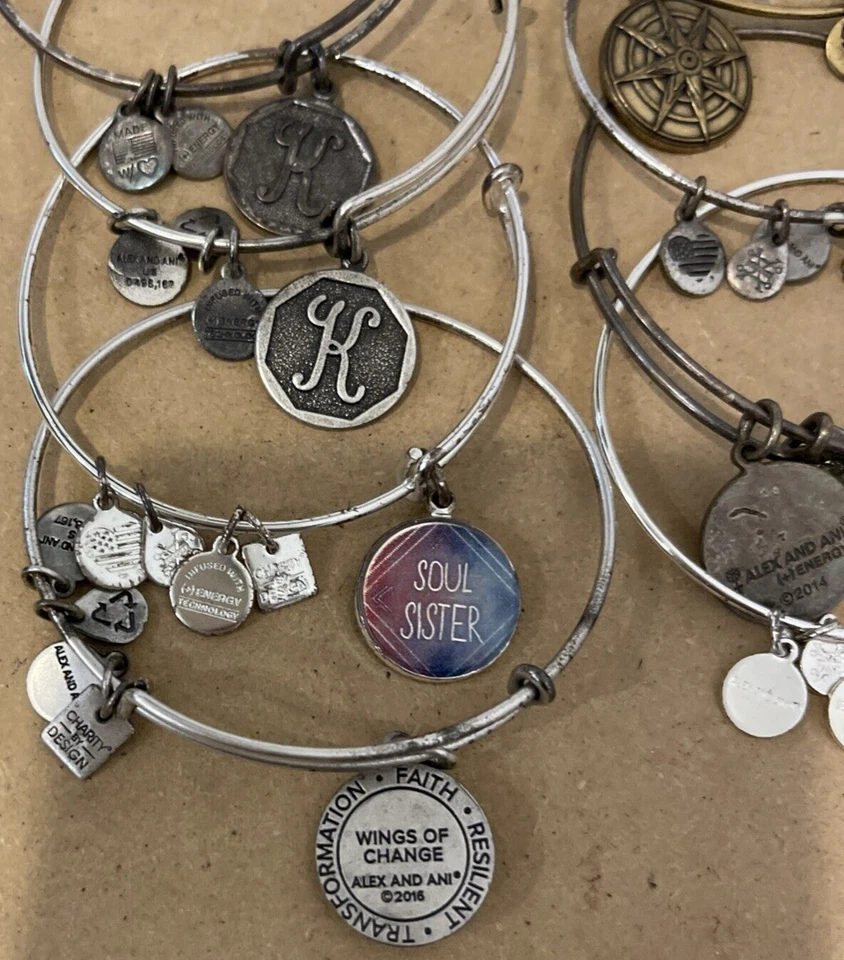 Lote de 10 pulseras con dijes en su mayoría Alex y Ani tono plata Foto 2 de 4