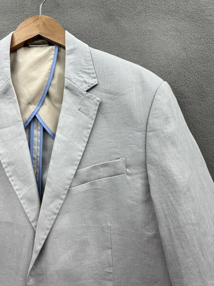 Blazer Abrigo Deportivo Tasso Elba Hombre Grande 42-44 100% Lino Gris Dos Botones Foto 4 de 4