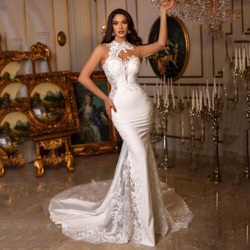 Sexy Mermaid Wedding Dresses Halter Neck Sleeveless Lace Applique Bridal Gowns - Picture 2 of 8