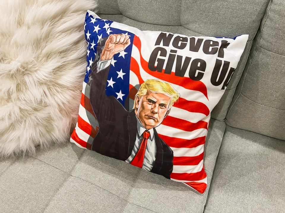 18x18 Trump Throw Pillow Cover - Velvet Double-Sided 'Never Give Up' USA Flag De - Image 3 of 4