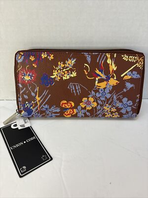 Union Code Wallet Brown Flowers RFID Safe 7  Long New With Tags