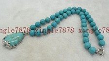 Natural 10mm Blue Turquoise Round Gemstone Beads Pendant Necklace 20''