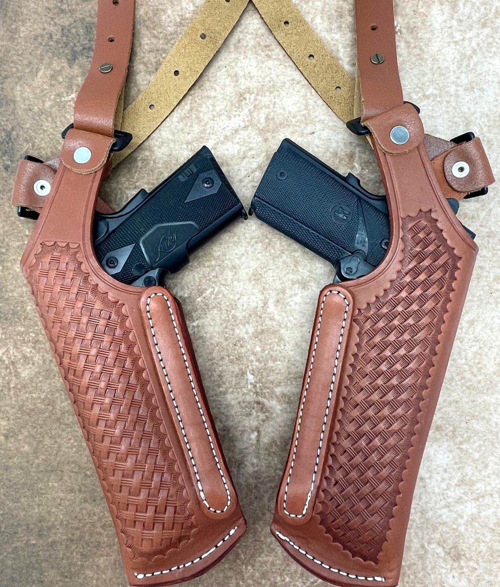 Brown Leather Basketweave Vertical 2-Gun Double Shoulder Holster