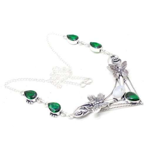 Moonstone&Chrome Diopside Gemstone 925 Sterling Silver Necklace Size 17-18" - Picture 2 of 9