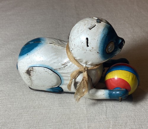 Vintage MARX Tin Litho Friction Toy Cat w/ Ball Missing Ears - Picture 2 of 6