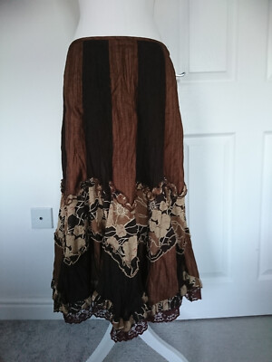 PER UNA CRINKLE FLARED PANEL FLORAL&LACE TRIM BOHO GYPSY FAIRYGOTH MIDI  SKIRT 14