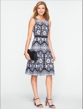 Talbots Blue White A Line Flower Mosaic Fully Lined Knee Length Dress sz 4 NWT