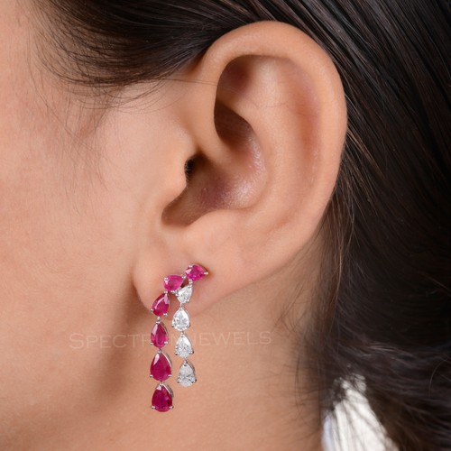 5.39 TCW Natural Pink Ruby H/SI Pear Diamond Dangle Earrings 18k White Gold Gift - Picture 2 of 11