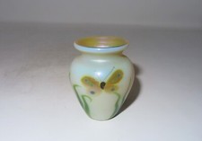 Signed Lundberg Studio Art Glass Iridescent Cabinet Vase with Butterfly Design