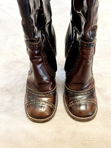 Dolce & Gabbana Distressed Leather Mid Calf Brown Boots Bronze Heel Size 10 - Picture 4 of 9