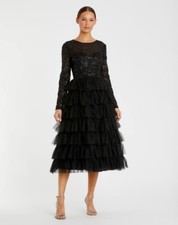 Mac Duggal Size 2 Black 26299 Sequin Long Sleeve Ruffle Tiered Midi Dress $498
