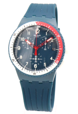 New Swiss Swatch El Comandante Blue Silicone Chrono Men Watch 42mm
