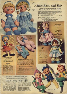1965 PAPER AD Elfy Sears Doll Pixie Betty Little Bo Peep Mary Dogs Cats Plush