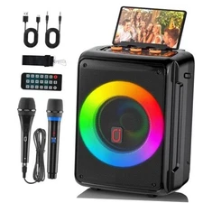 Karaoke Machine with 2 Microphones, Portable Bluetooth 1 Wireless+1 Wired Mic