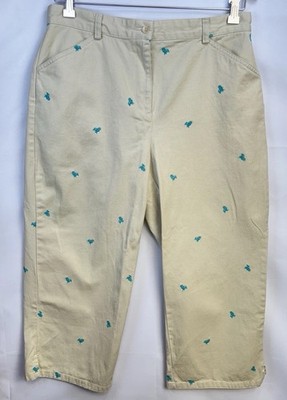 LL Bean Pants Capri 14P Khaki Straight Leg Embroidered Beach Chair 100% Cotton