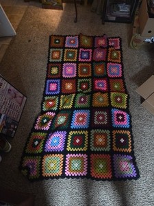 Vintage Granny Square Black Colorful Afghan 46” X 76”