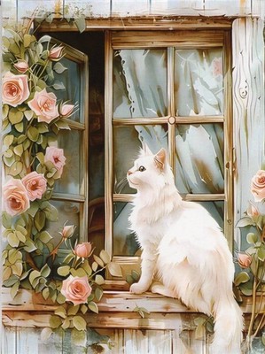 Grußkarte * Doppelkarte * Katze * Eine weiße Katze auf einem Fenster mit Rosen