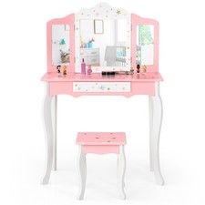 Kids Vanity Princess Makeup Dressing Table Chair Set W/ Tri-folding Mirror