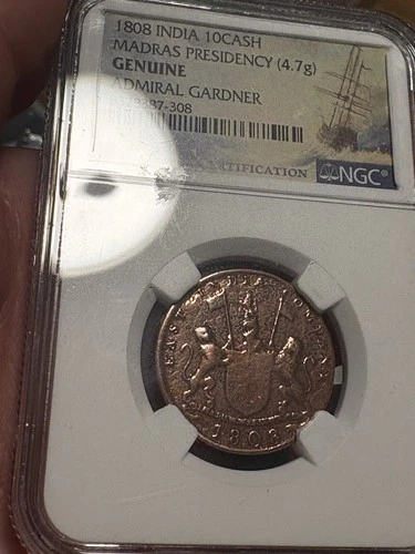 1808 India 10 Cash Madras Genuine Admiral Gardner Shipwreck Coin NGC, RED, AU