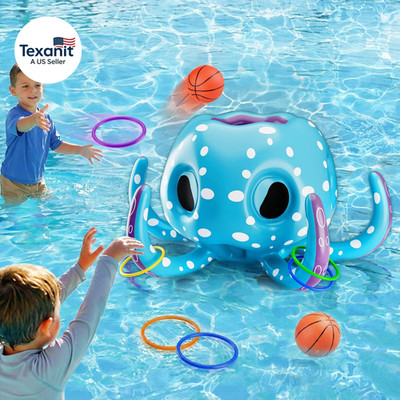 Octopus Pool Toys, 2-In-1 Inflatable Floating Pool Game, Basketball Hoop & Ring 