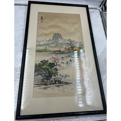 Vintage Japanese Silk Embroidery Landscape Art Framed Cherry Blossoms Mountain
