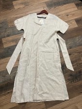 Mango Exclusive Collection 100% Linen Midi Dress XL US 10 Beige Side Tie NWT