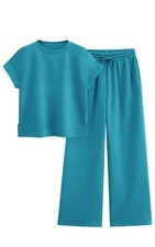 2 Piece Outfits For Women Casual Tracksuit Short Sleeve Tops And Wide Leg Lon...
